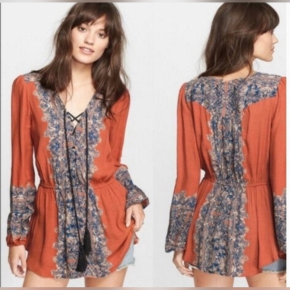 Free People/ Wildest Moment Lace Up Tunic/ Color Persimmon/ Size US S - Picture 4 of 17